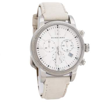 Pre Owned Burberry White Stainless Steel Leather Utilitarian BU7821 Unisex Wristwatch 42 mm