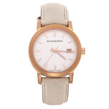 Pre Owned Burberry Silver White Rose Gold Plated Stainless Steel Leather The City BU9012 Women's Wristwatch 38 mm