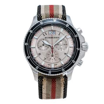 Pre Owned Burberry Beige Stainless Steel Canvas Endurance BU7600 Men's Wristwatch 44 mm