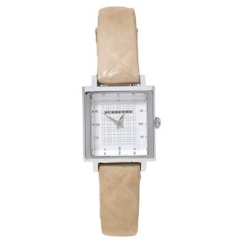 Pre Owned Burberry Silver Stainless Steel Leather Nova Check BU2016 Women's Wristwatch 24 mm