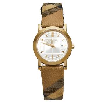 Pre Owned Burberry Champagne Yellow Gold Tone Stainless Steel Novacheck Canvas BU1399 Women's Wristwatch 28 MM