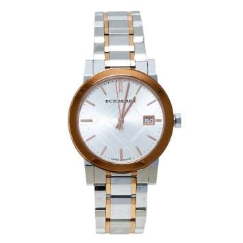 Pre Owned Burberry Silver White Two Tone Stainless Steel BU9105 Women's Wristwatch 34 mm