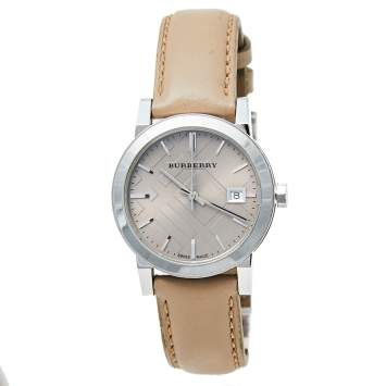 Pre Owned Burberry Beige Stainless Steel Check Dial Leather BU9107 Women's Wristwatch 34 mm 