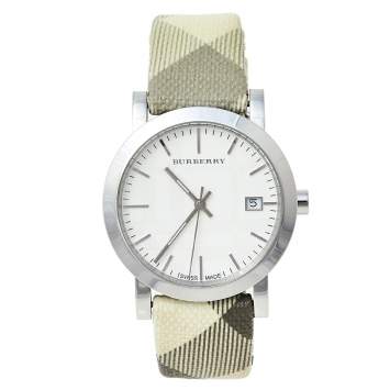 Pre Owned Burberry White Stainless Steel Smoked Check BU1798 Women's Wristwatch 38 mm
