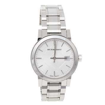 Pre Owned Burberry Silver Stainless Steel Check BU9100 Women's Wristwatch 34 mm