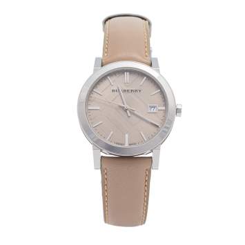 Pre Owned Burberry Beige Stainless Steel Leather Check BU9010 Unisex Wristwatch 38 mm