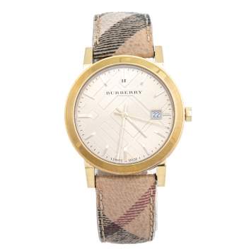 Pre Owned Burberry Champagne Yellow Gold Plated Stainless Steel The City BU9026 Women's Wristwatch 38 mm