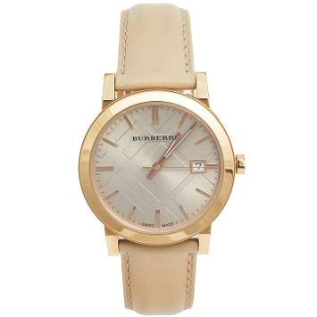 Pre Owned Burberry Beige Rose Gold Plated Stainless Steel Leather BU9014 Women's Wristwatch 38 mm