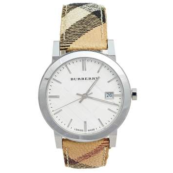 Pre Owned Burberry Silver Stainless Steel Leather Heritage BU9025 Women's Wristwatch 38 mm