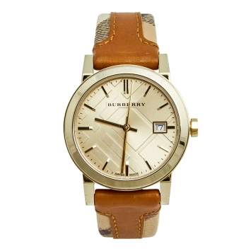 Pre Owned Burberry Champagne Yellow Gold Plated Stainless Steel Leather The City BU9133 Women's Wristwatch 35 mm