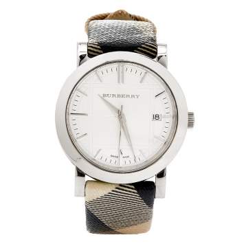 Pre Owned Burberry Silver Stainless Steel Nova Check BU1378 Women's Wristwatch 38 mm