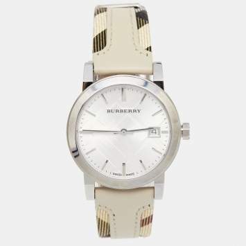 Pre Owned Burberry Silver Stainless Steel Leather The City BU9132 Women's Wristwatch 34 mm