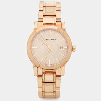 Pre Owned Burberry Champagne Rose Gold Plated Stainless Steel The City BU9135 Women's Wristwatch 34 mm