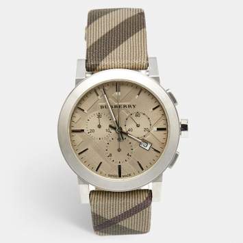 Pre Owned Burberry Champagne Stainless Steel Leather The City BU9358 Unisex Wristwatch 42 mm