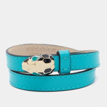 Bvlgari Serpenti Forever Enamel Turquoise Double Coiled Leather Gold Tone Bracelet