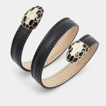 مملوكة مسبقًا Bvlgari Serpenti Enamel Leather Gold Tone Wrap Bracelet