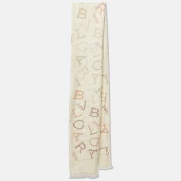 Pre Owned Bvlgari Off White Logomania Lettere Maxi Silk & Wool Stole