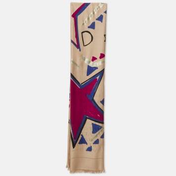 Pre Owned Bvlgari Beige Lettere Spangled Logomania Silk & Wool Scarf
