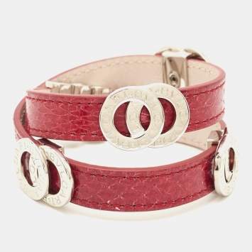 Pre Owned Bvlgari Double Coiled Red Snakeskin Leather Silver Tone Wrap Bracelet