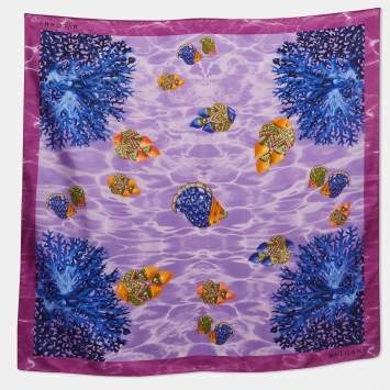 Pre Owned Bvlgari Purple Ocean Print Silk Square Scarf