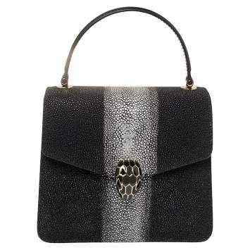Pre Owned Bvlgari Black/Silver Stingray and Leather Serpenti Forever Top Handle Bag