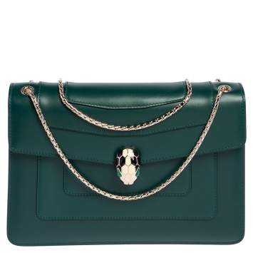 Pre Owned Bvlgari Green Leather Medium Serpenti Forever Flap Shoulder Bag