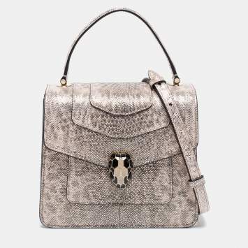 Pre Owned Bvlgari Metallic Gold/Light Beige Karung Leather Small Serpenti Forever Top Handle Bag