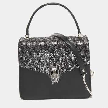 Pre Owned Bvlgari Black/Silver Stingray and Leather Serpenti Forever Top Handle Bag