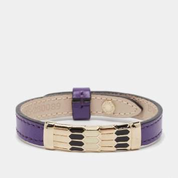 Pre Owned Bvlgari Scaglie Enamel Purple Leather Gold Plated Bracelet