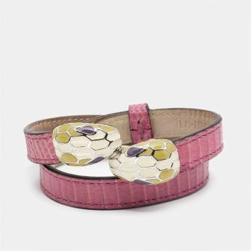 Bvlgari Serpenti Forever Pink Leather Enamel Gold Tone Double Coiled Bracelet