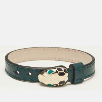 Pre Owned Bvlgari Serpenti Forever Green Leather Enamel Gold Tone Bracelet