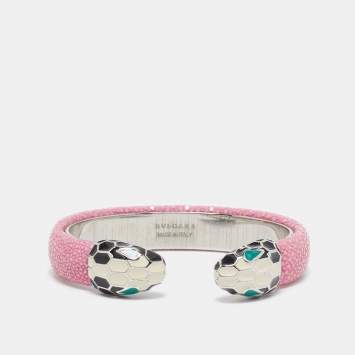 Pre Owned Bvlgari Serpenti Forever Enamel Pink Galuchat Leather SIlver Tone Open Cuff Bracelet