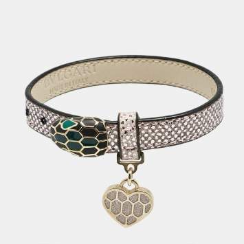 مملوكة مسبقًا Bvlgari Serpenti Forever Leather Heart Charm Enamel Gold Tone Bracelet