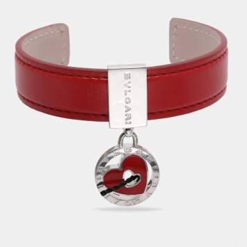 مملوكة مسبقًا Bvlgari Red Leather Sterling Silver 925 Open Cuff Bracelet