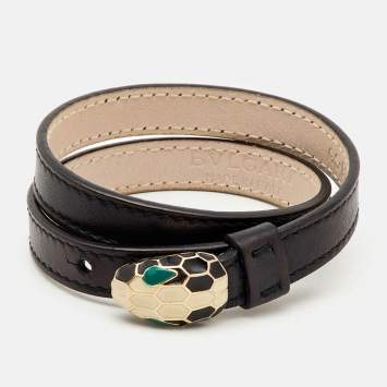 Pre Owned Bvlgari Serpenti Forever Black Leather Enamel Gold Tone  Wrap Bracelet
