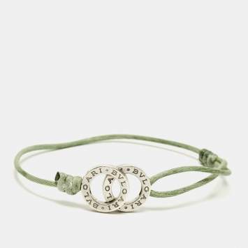 Pre Owned Bvlgari Fortuna Interlocking Circles Sterling Silver Green Cord Bracelet