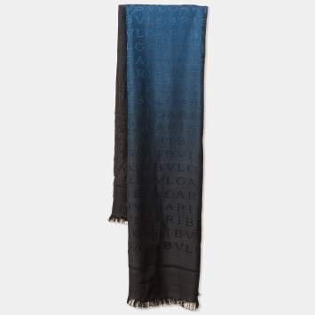 مملوكة مسبقًا Bvlgari Ombre Navy Blue Logomania Wool & Silk Scarf