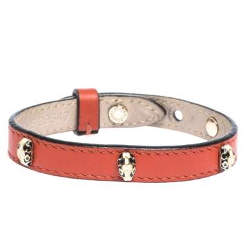 Pre Owned Bvlgari Serpenti Enamel Stud Embellished Red Leather Bracelet