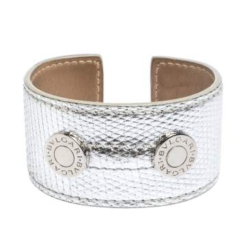 Pre Owned Bvlgari Metallic Silver Karung Leather Silver Tone Wide Cuff Bracelet