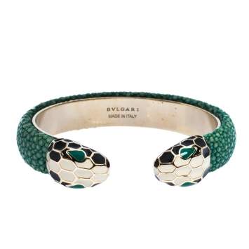 Pre Owned Bvlgari Serpenti Forever Enamel & Galuchat Leather Gold Plated Open Cuff Bracelet 