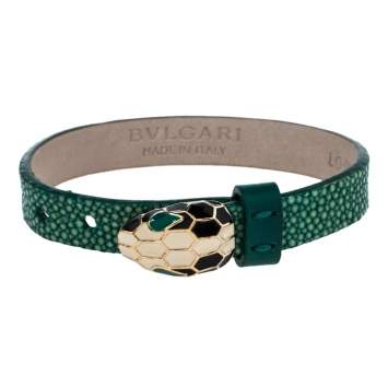 Pre Owned Bvlgari Serpenti Forever Enamel Green Galuchat Leather Gold Plated Bracelet