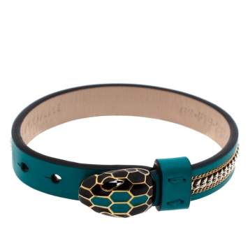 Pre Owned Bvlgari Serpenti Forever 3 Chain Motif Enamel Green Leather Gold Plated Bracelet
