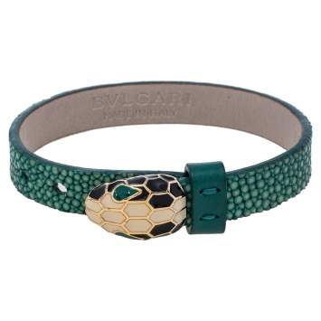 Pre Owned Bvlgari Serpenti Forever Green Galuchat Leather Wrap Bracelet