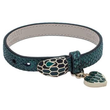 Pre Owned Bvlgari Serpenti Forever Metallic Emerald Karung Leather Heart Charm Bracelet