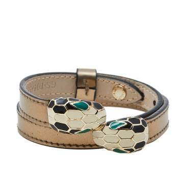 Pre Owned Bvlgari Serpenti Forever Metallic Gold Double Coiled Leather Gold Tone Bracelet