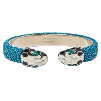 Pre Owned Bvlgari Blue Galuchat Leather Serpenti Forever Open Cuff Bracelet 