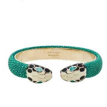 Pre Owned Bvlgari Serpenti Forever Green Galuchat Leather Gold Plated Open Cuff Bracelet
