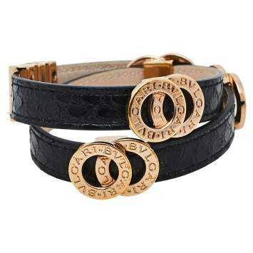 Pre Owned Bvlgari Black Snakeskin Leather Gold Tone Double Wrap Bracelet