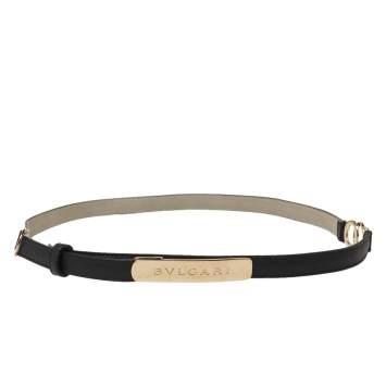 Pre Owned Bvlgari Black Leather Double Ring Buckle Slim Belt 90 CM