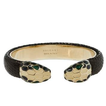 Pre Owned Bvlgari Serpenti Forever Metallic Brown Embossed Leather Open Cuff Bracelet